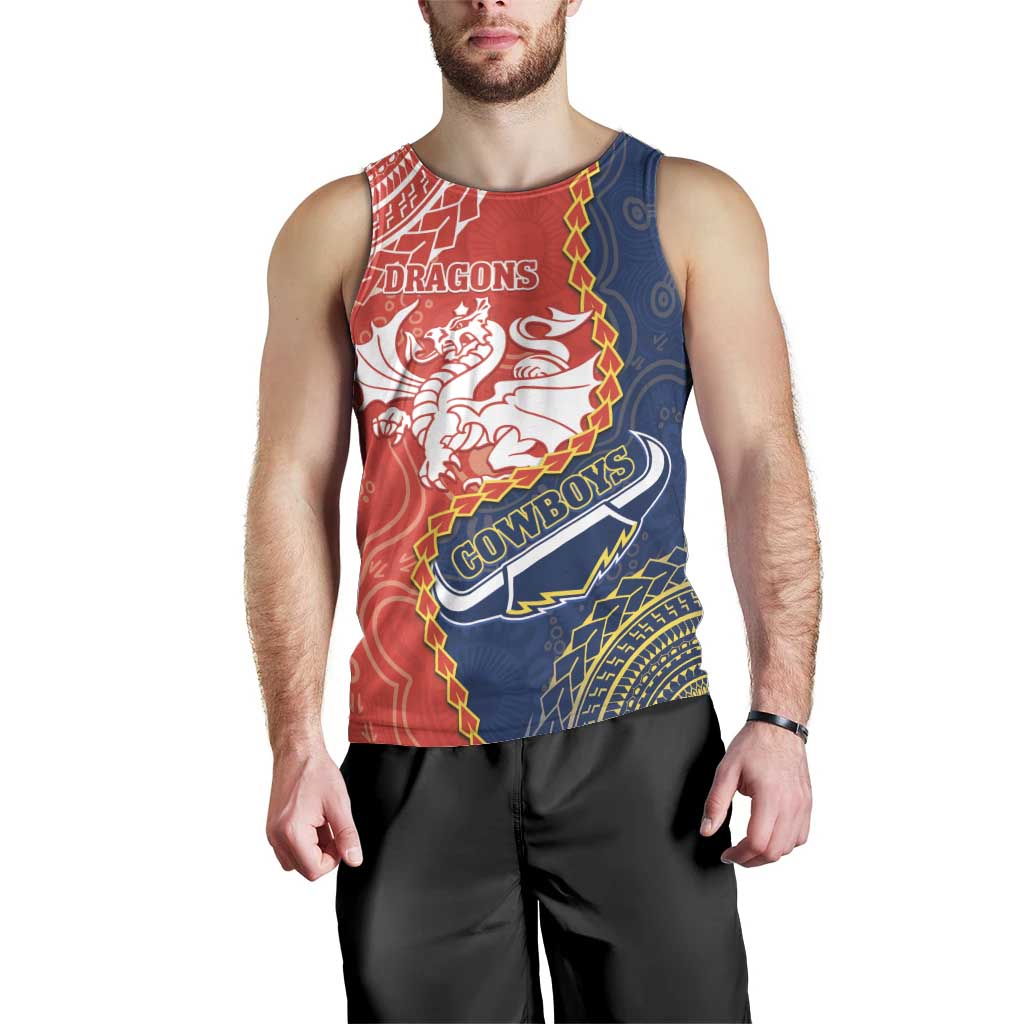 Custom Dragons And Cowboys Rugby Men Tank Top Aboriginal Mix Polynesian Pattern - Vibe Hoodie Shop