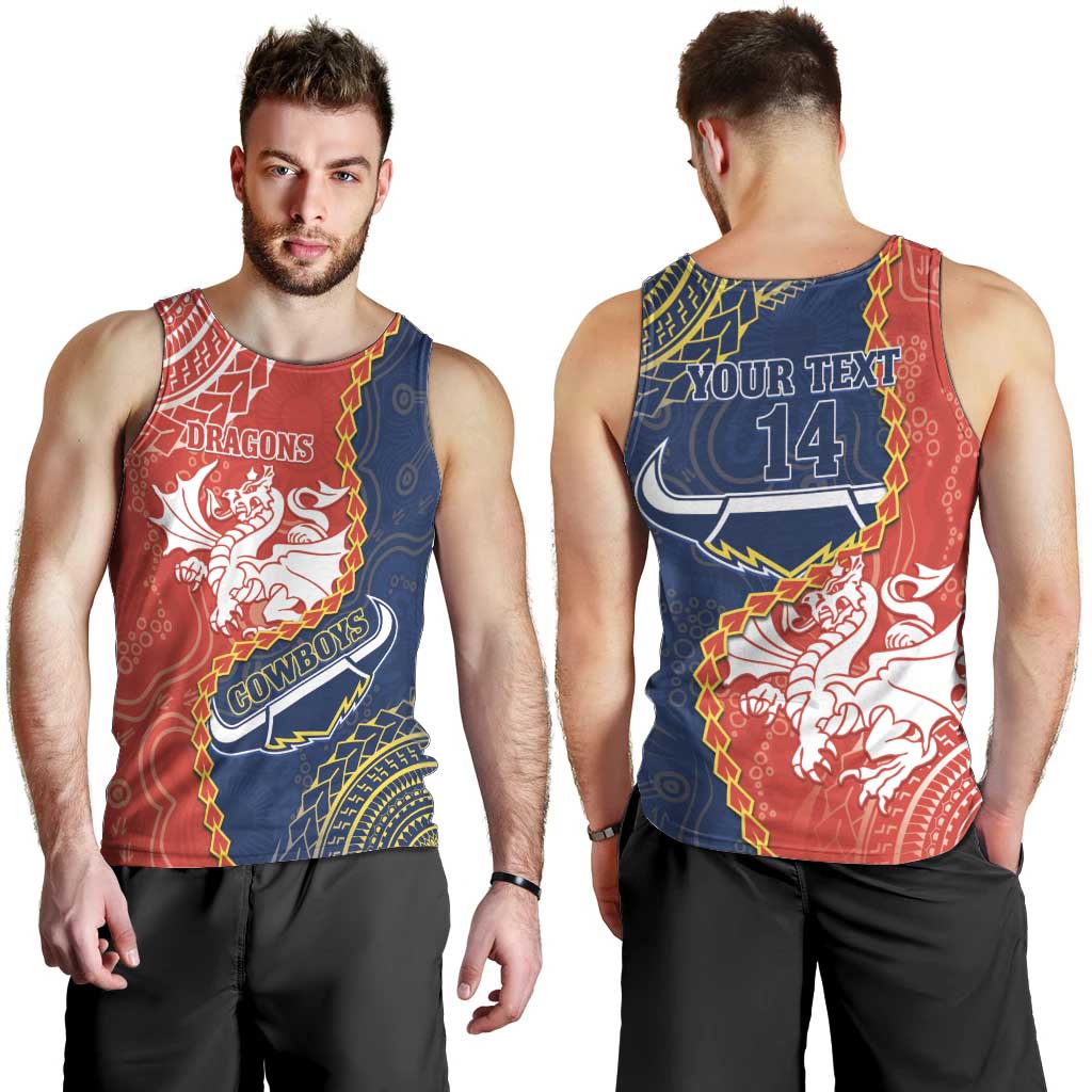 Custom Dragons And Cowboys Rugby Men Tank Top Aboriginal Mix Polynesian Pattern - Vibe Hoodie Shop