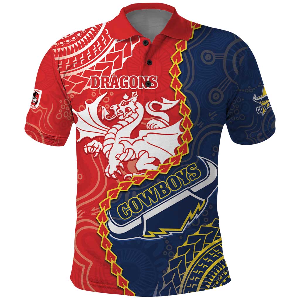 Custom Dragons And Cowboys Rugby Polo Shirt Aboriginal Mix Polynesian Pattern - Vibe Hoodie Shop