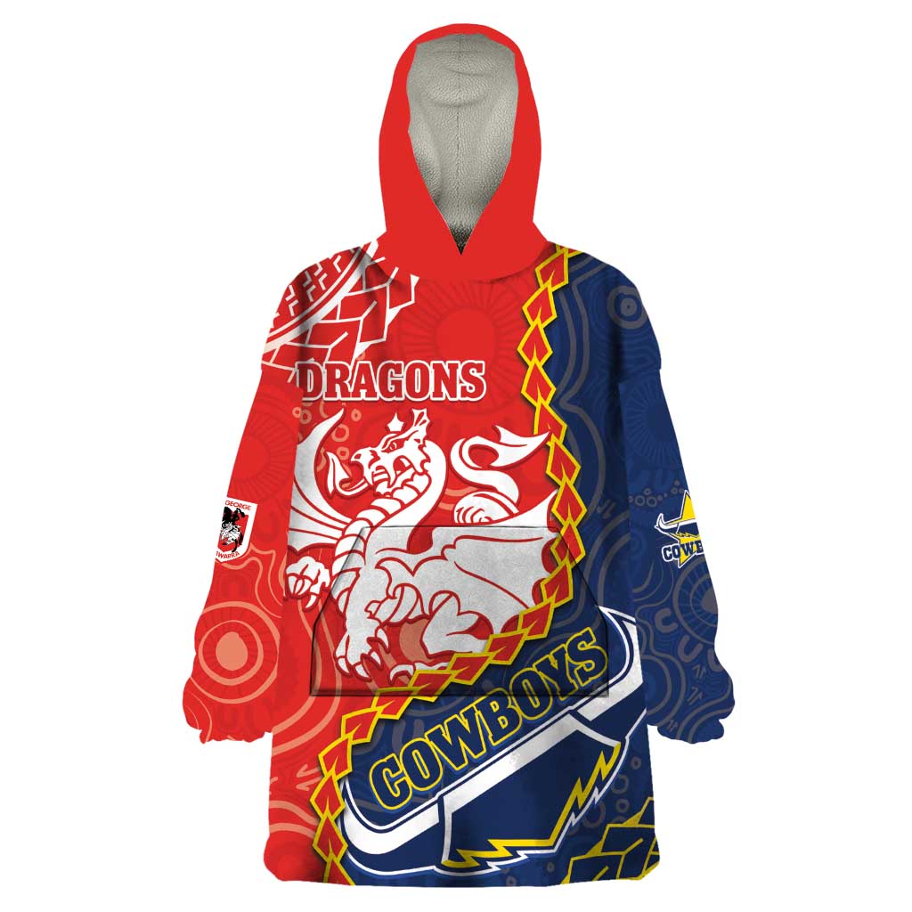 Custom Dragons And Cowboys Rugby Wearable Blanket Hoodie Aboriginal Mix Polynesian Pattern - Vibe Hoodie Shop