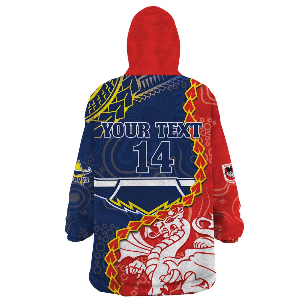 Custom Dragons And Cowboys Rugby Wearable Blanket Hoodie Aboriginal Mix Polynesian Pattern - Vibe Hoodie Shop