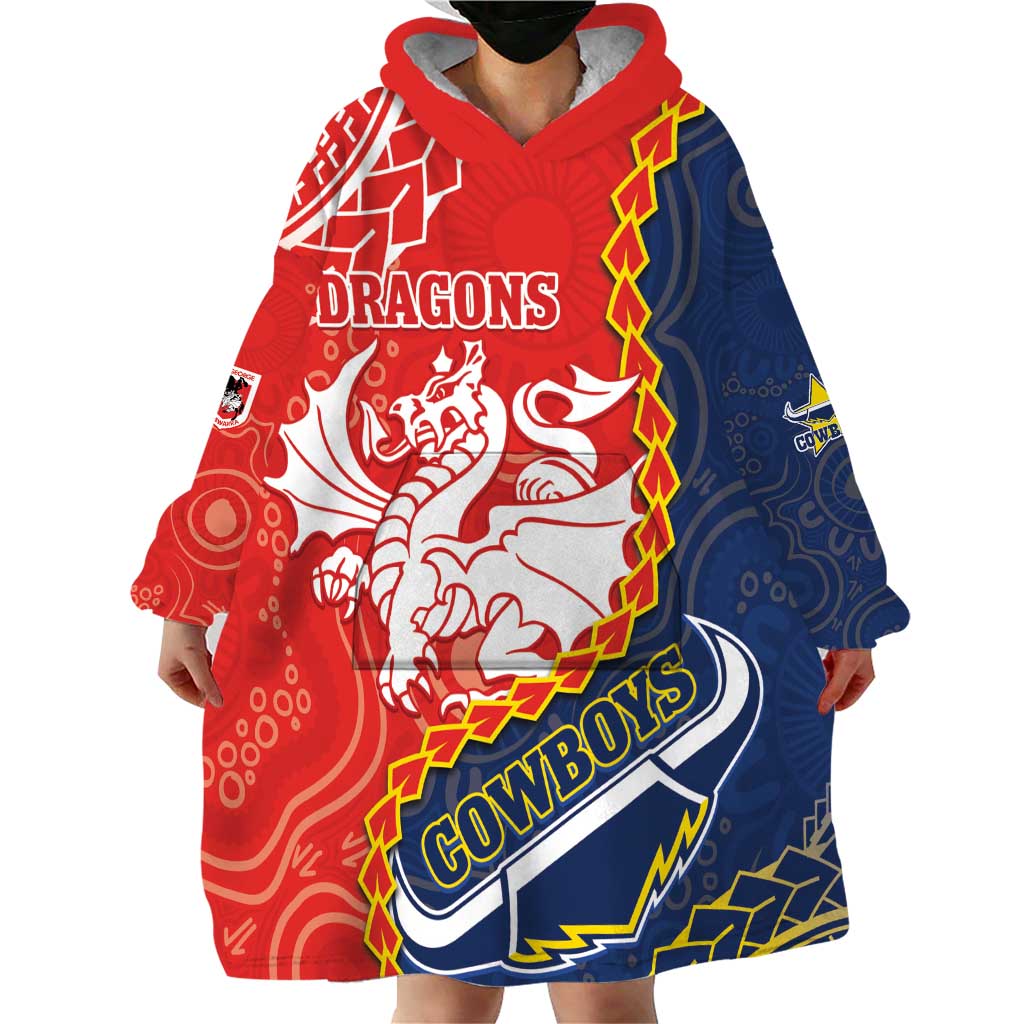 Custom Dragons And Cowboys Rugby Wearable Blanket Hoodie Aboriginal Mix Polynesian Pattern - Vibe Hoodie Shop