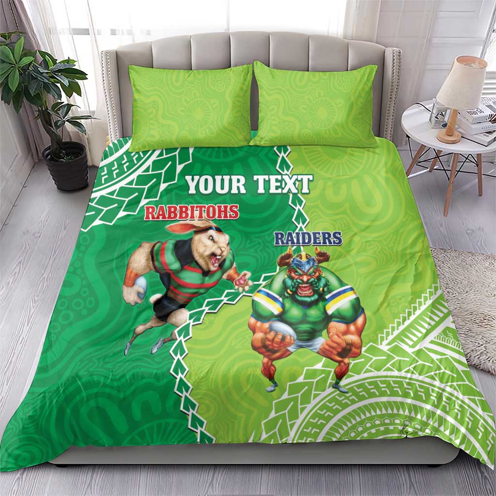 Personalised Rabbitohs And Raiders Rugby Bedding Set Aboriginal Mix Polynesian Pattern - Vibe Hoodie Shop