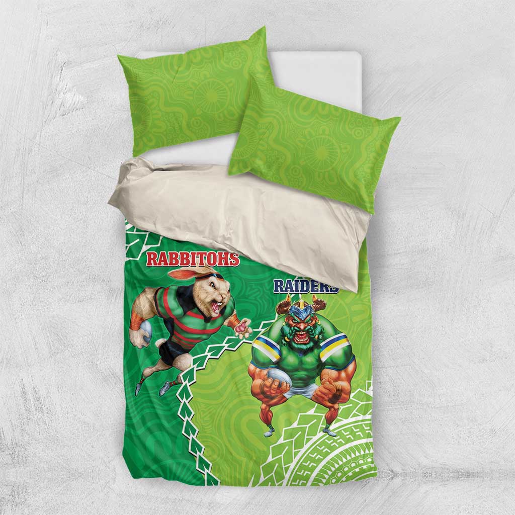 Personalised Rabbitohs And Raiders Rugby Bedding Set Aboriginal Mix Polynesian Pattern - Vibe Hoodie Shop