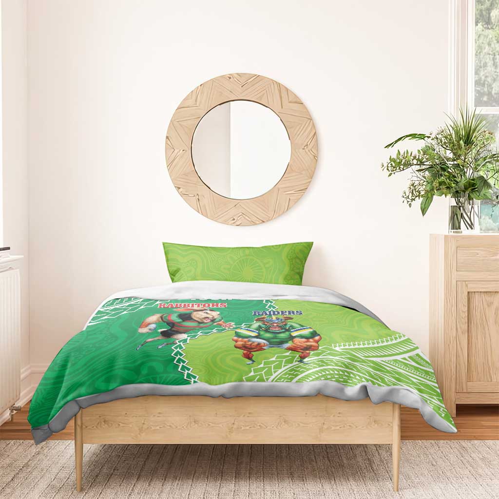 Personalised Rabbitohs And Raiders Rugby Bedding Set Aboriginal Mix Polynesian Pattern - Vibe Hoodie Shop
