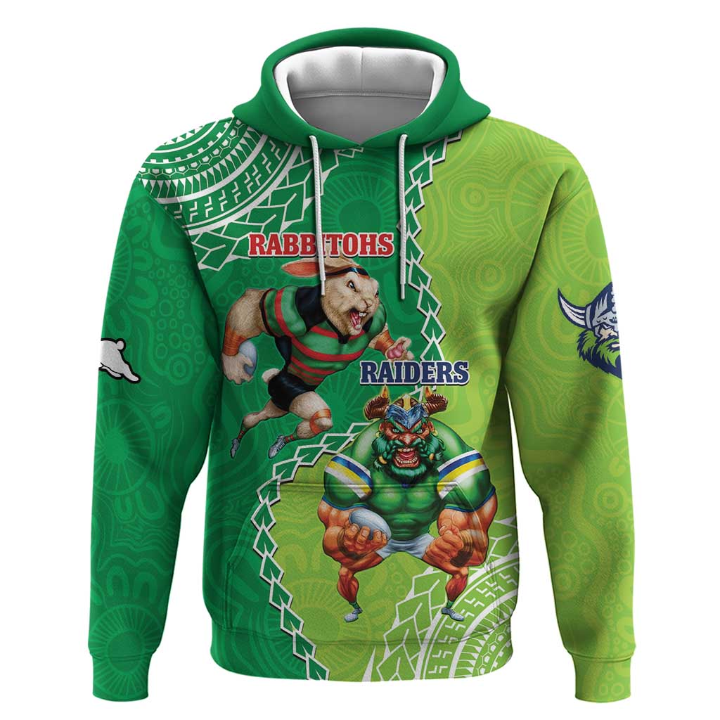 Personalised Rabbitohs And Raiders Rugby Hoodie Aboriginal Mix Polynesian Pattern - Vibe Hoodie Shop