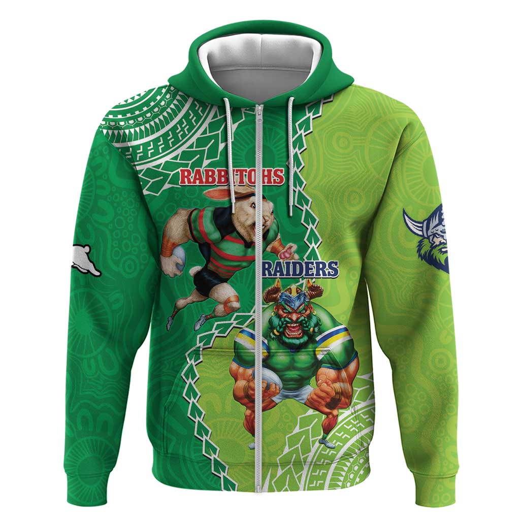 Personalised Rabbitohs And Raiders Rugby Hoodie Aboriginal Mix Polynesian Pattern - Vibe Hoodie Shop