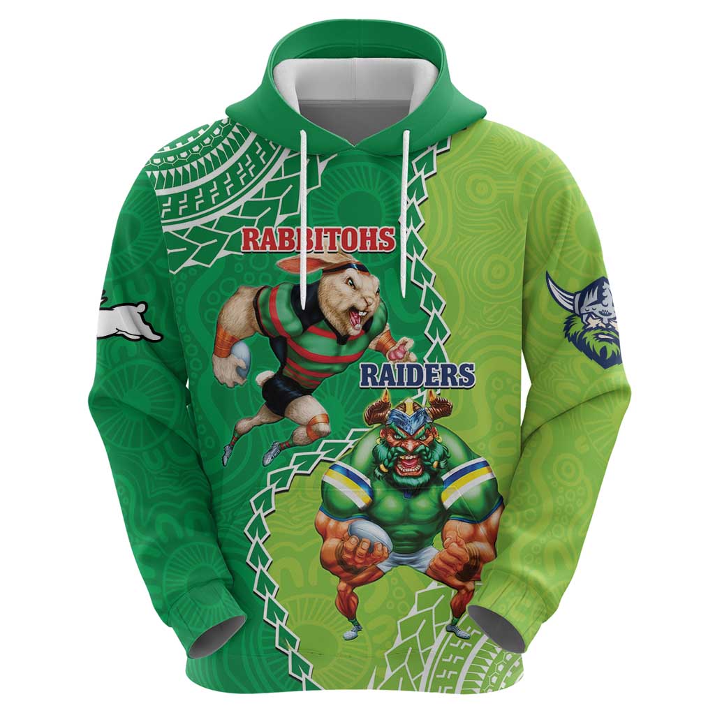 Personalised Rabbitohs And Raiders Rugby Hoodie Aboriginal Mix Polynesian Pattern - Vibe Hoodie Shop