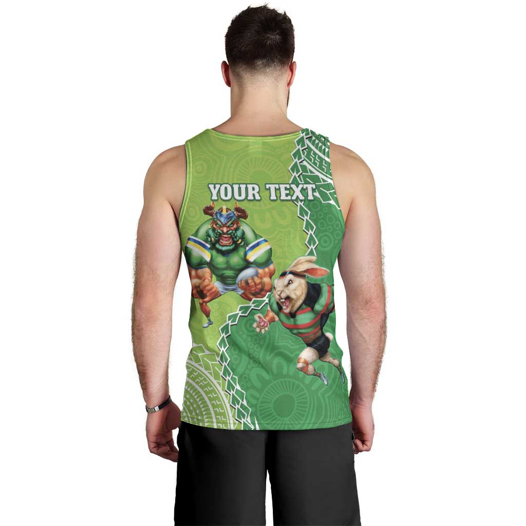 Personalised Rabbitohs And Raiders Rugby Men Tank Top Aboriginal Mix Polynesian Pattern - Vibe Hoodie Shop