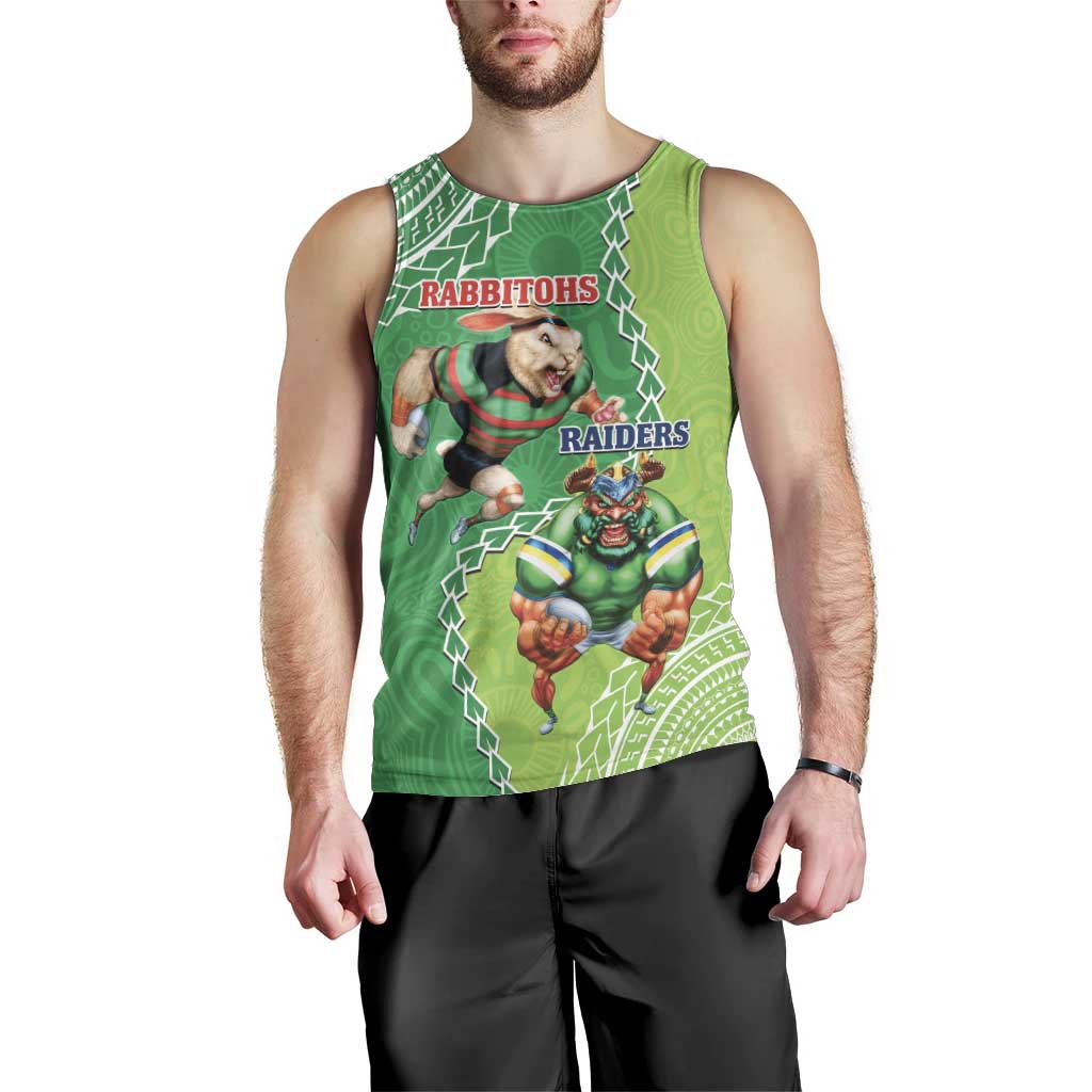 Personalised Rabbitohs And Raiders Rugby Men Tank Top Aboriginal Mix Polynesian Pattern - Vibe Hoodie Shop