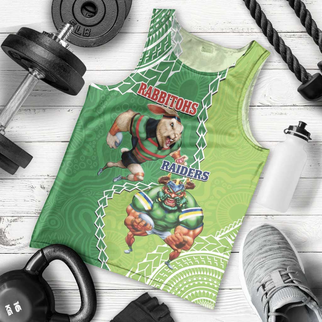 Personalised Rabbitohs And Raiders Rugby Men Tank Top Aboriginal Mix Polynesian Pattern - Vibe Hoodie Shop
