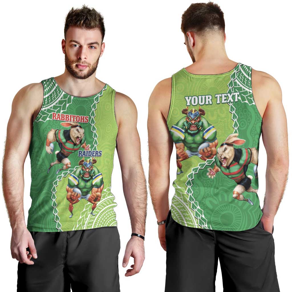Personalised Rabbitohs And Raiders Rugby Men Tank Top Aboriginal Mix Polynesian Pattern - Vibe Hoodie Shop