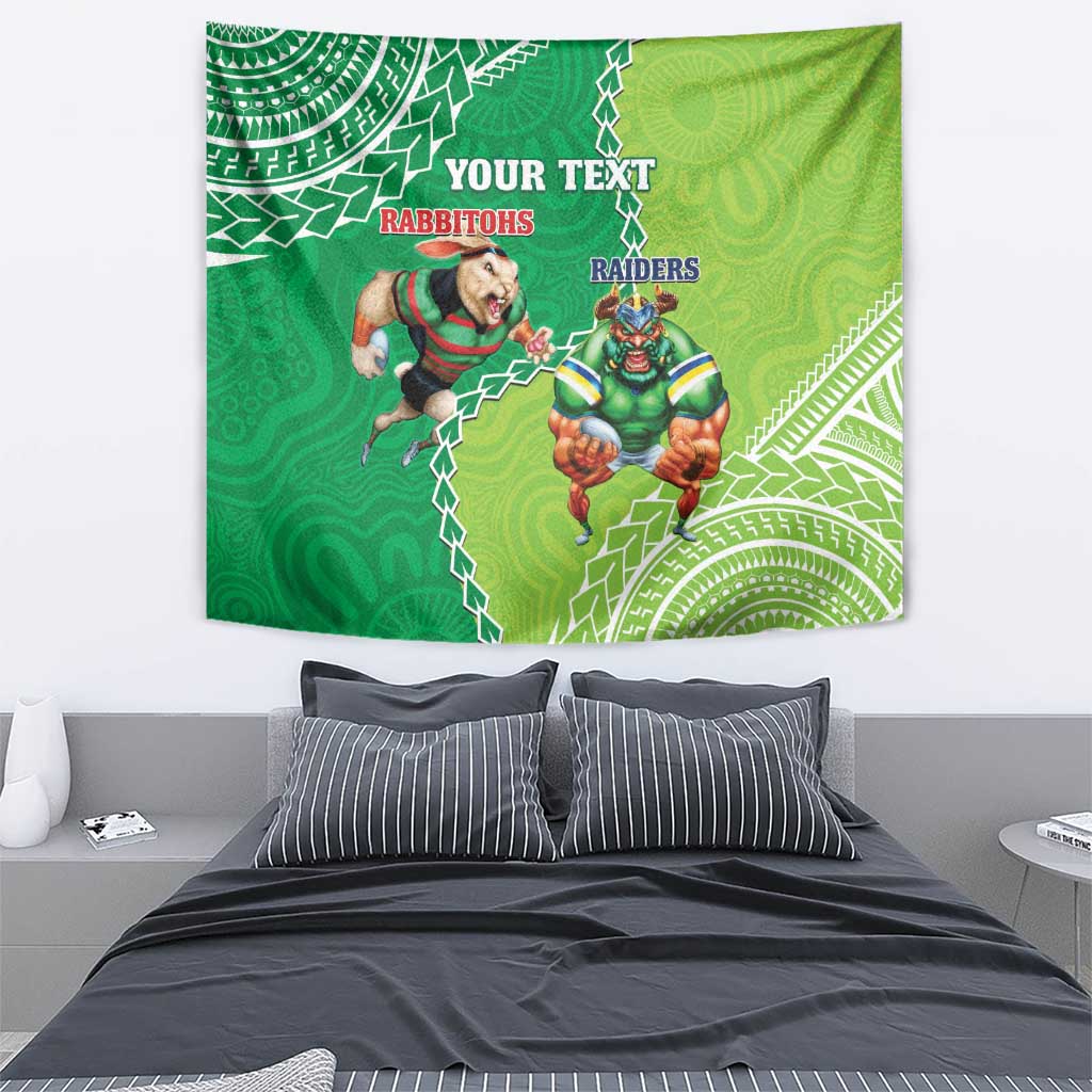 Personalised Rabbitohs And Raiders Rugby Tapestry Aboriginal Mix Polynesian Pattern - Vibe Hoodie Shop