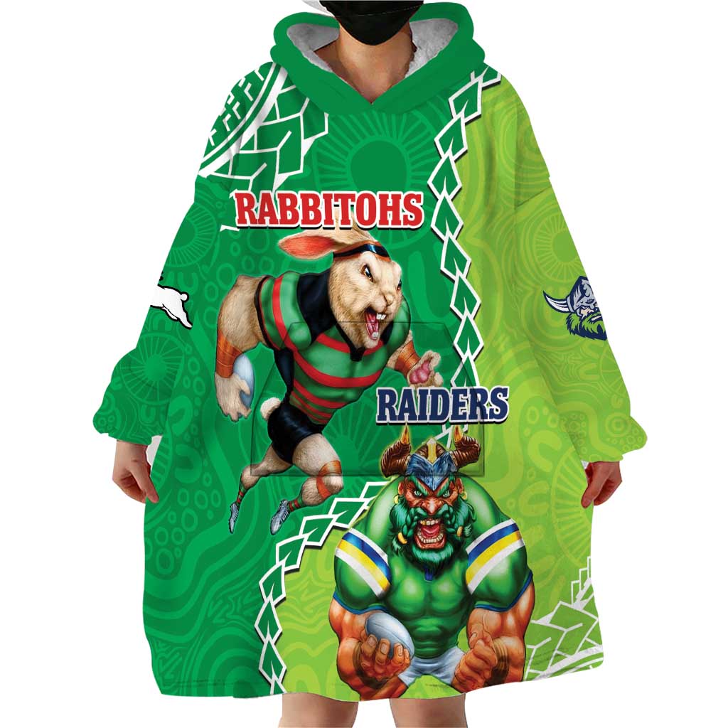 Personalised Rabbitohs And Raiders Rugby Wearable Blanket Hoodie Aboriginal Mix Polynesian Pattern - Vibe Hoodie Shop