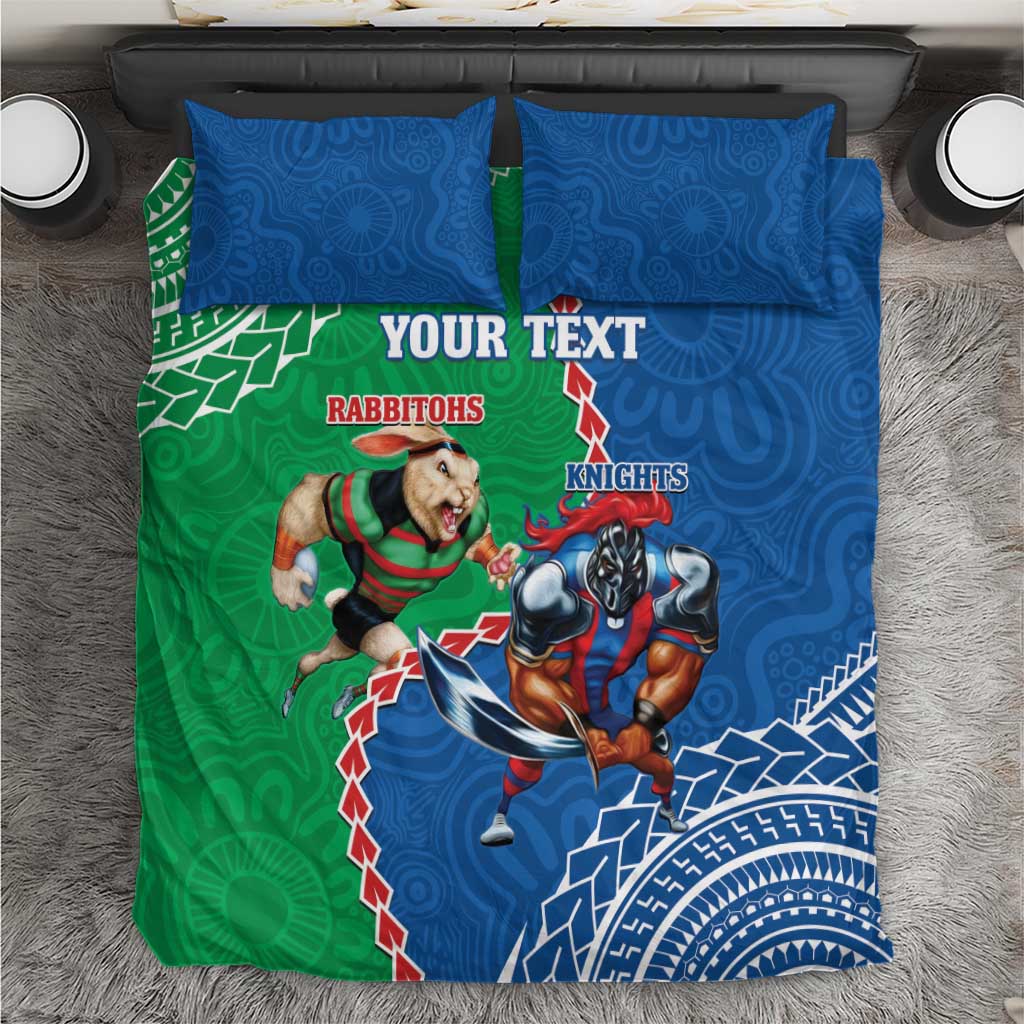 Personalised Rabbitohs And Knights Rugby Bedding Set Aboriginal Mix Polynesian Pattern - Vibe Hoodie Shop