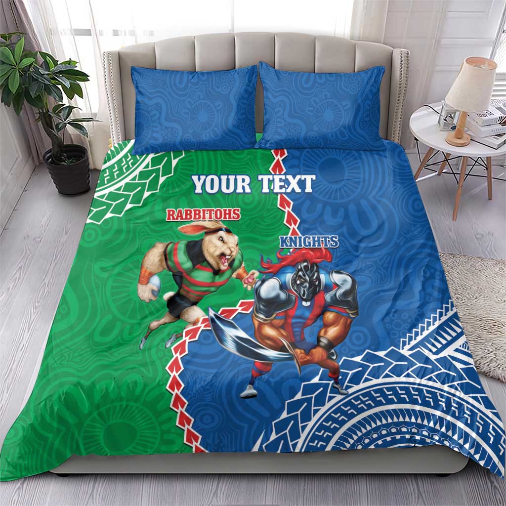 Personalised Rabbitohs And Knights Rugby Bedding Set Aboriginal Mix Polynesian Pattern - Vibe Hoodie Shop