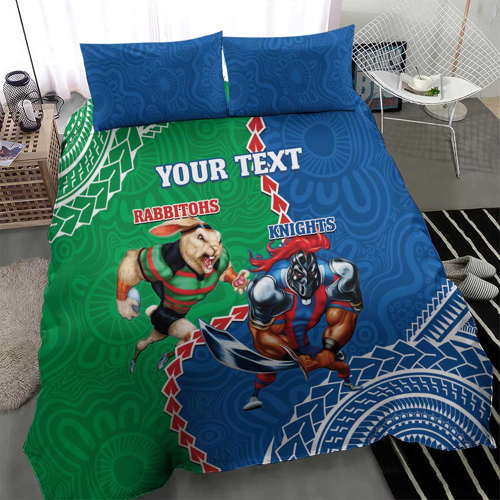 Personalised Rabbitohs And Knights Rugby Bedding Set Aboriginal Mix Polynesian Pattern - Vibe Hoodie Shop