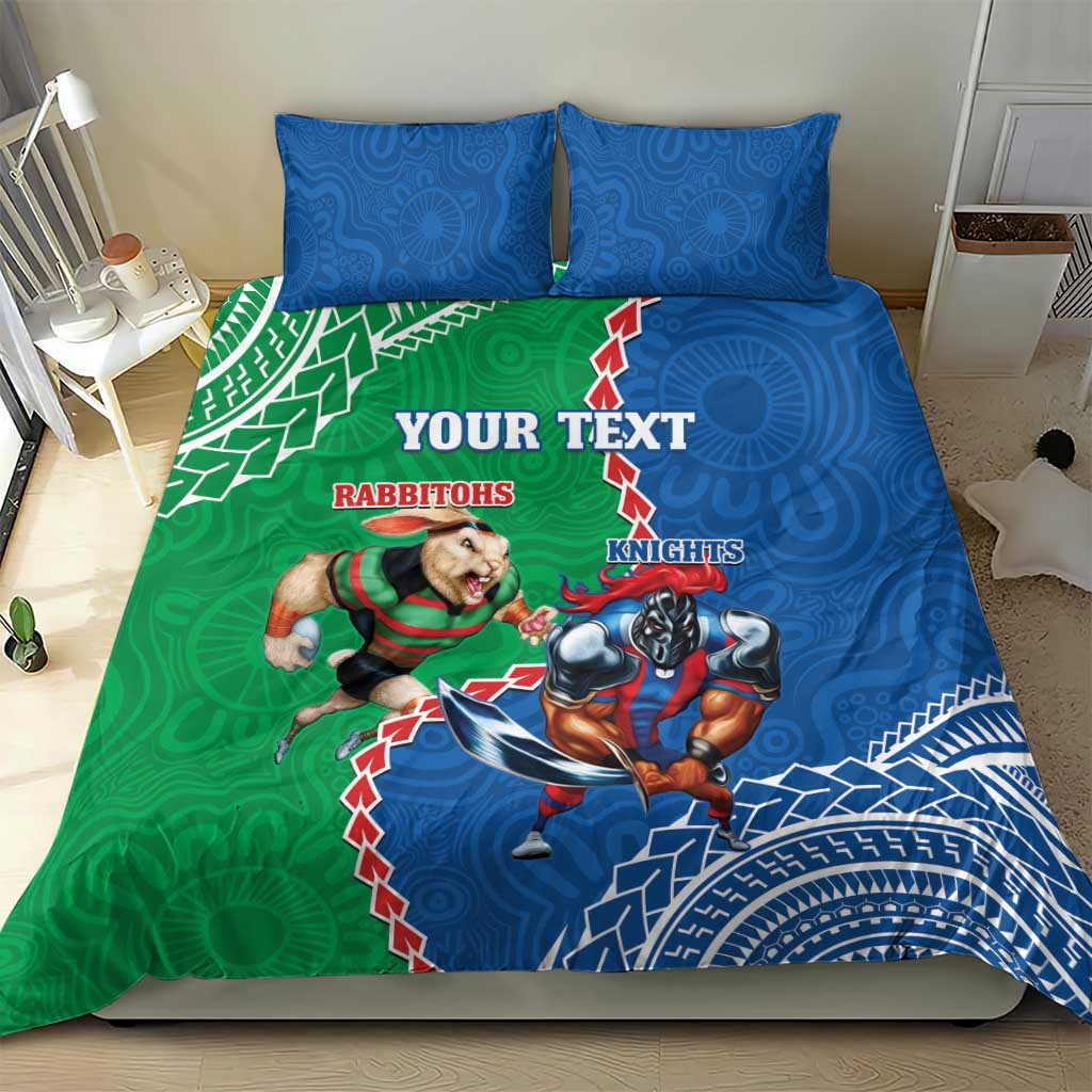 Personalised Rabbitohs And Knights Rugby Bedding Set Aboriginal Mix Polynesian Pattern - Vibe Hoodie Shop