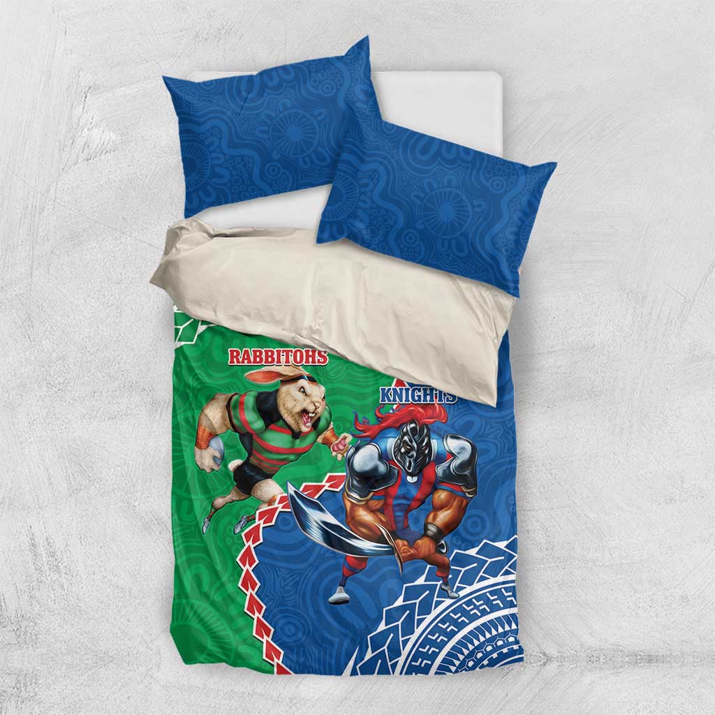 Personalised Rabbitohs And Knights Rugby Bedding Set Aboriginal Mix Polynesian Pattern - Vibe Hoodie Shop