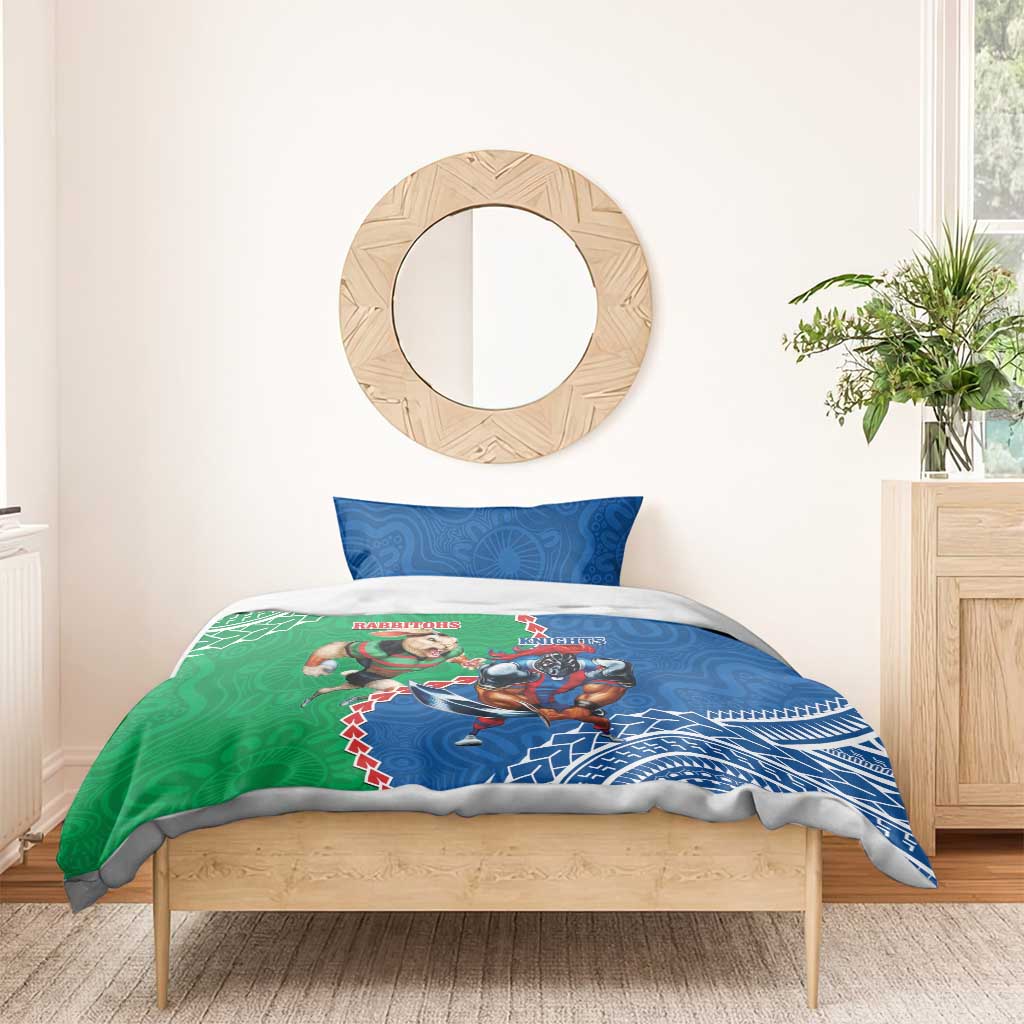 Personalised Rabbitohs And Knights Rugby Bedding Set Aboriginal Mix Polynesian Pattern - Vibe Hoodie Shop