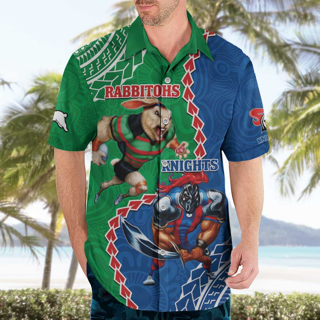 Personalised Rabbitohs And Knights Rugby Hawaiian Shirt Aboriginal Mix Polynesian Pattern - Vibe Hoodie Shop