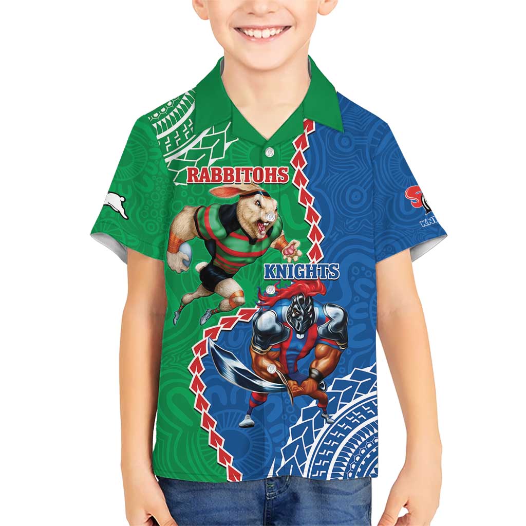 Personalised Rabbitohs And Knights Rugby Hawaiian Shirt Aboriginal Mix Polynesian Pattern - Vibe Hoodie Shop