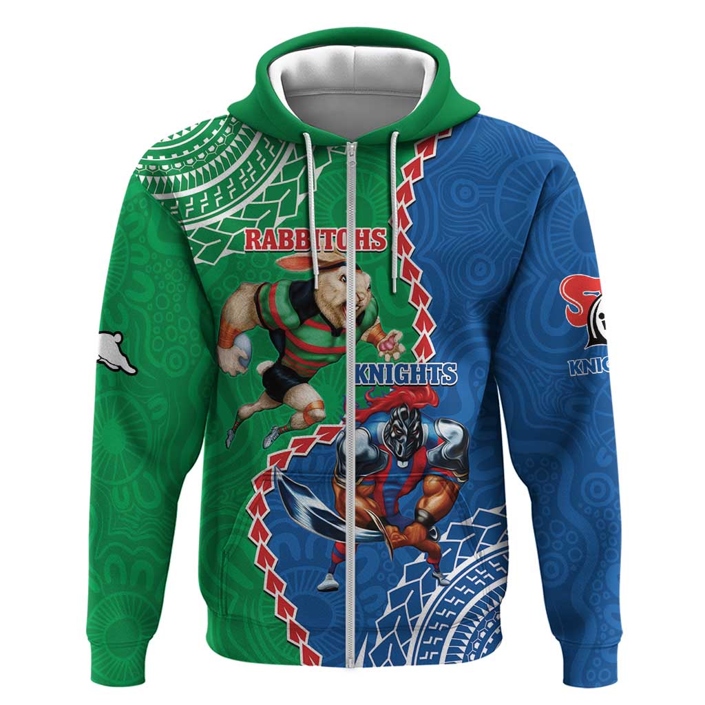 Personalised Rabbitohs And Knights Rugby Hoodie Aboriginal Mix Polynesian Pattern - Vibe Hoodie Shop
