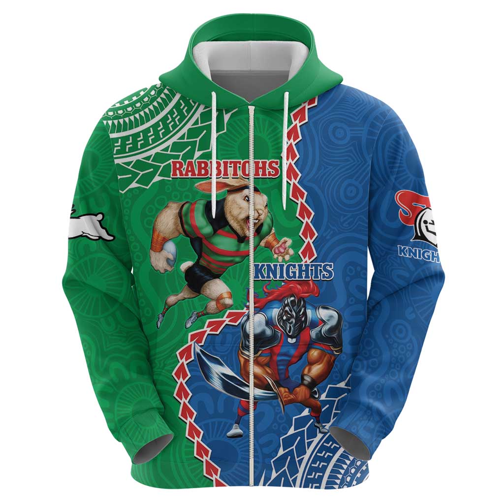Personalised Rabbitohs And Knights Rugby Hoodie Aboriginal Mix Polynesian Pattern - Vibe Hoodie Shop