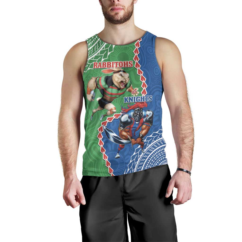 Personalised Rabbitohs And Knights Rugby Men Tank Top Aboriginal Mix Polynesian Pattern - Vibe Hoodie Shop