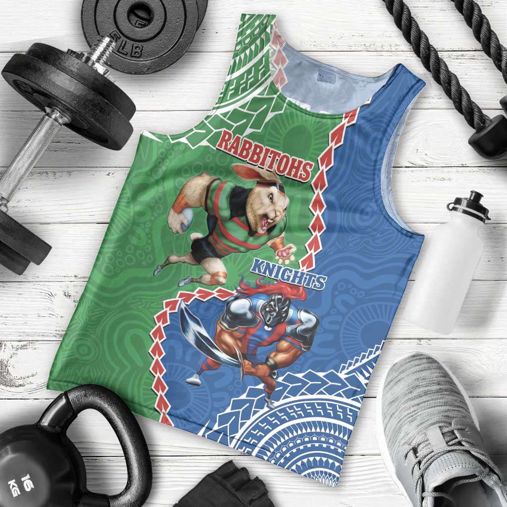 Personalised Rabbitohs And Knights Rugby Men Tank Top Aboriginal Mix Polynesian Pattern - Vibe Hoodie Shop