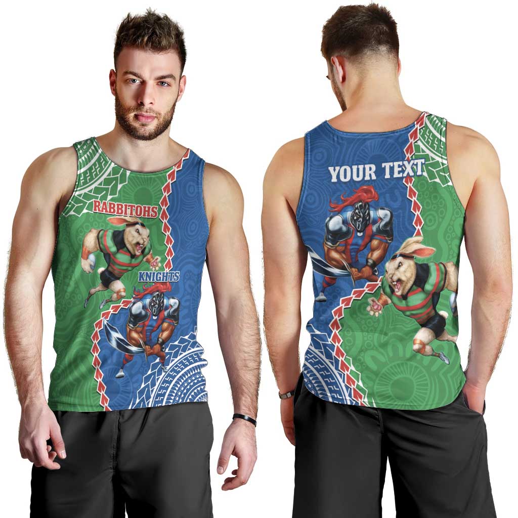 Personalised Rabbitohs And Knights Rugby Men Tank Top Aboriginal Mix Polynesian Pattern - Vibe Hoodie Shop