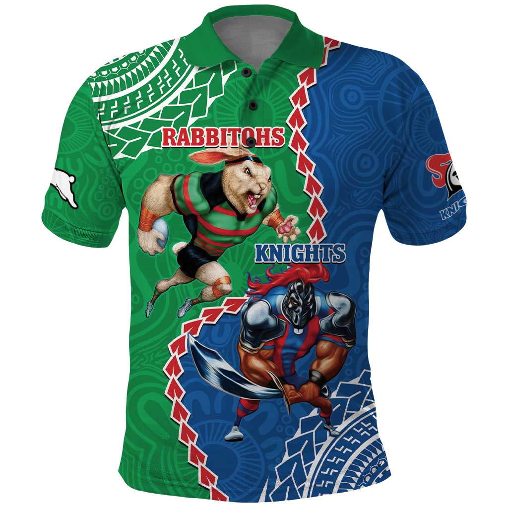 Personalised Rabbitohs And Knights Rugby Polo Shirt Aboriginal Mix Polynesian Pattern - Vibe Hoodie Shop