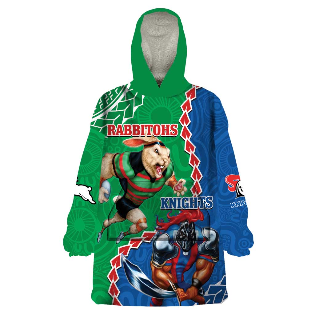 Personalised Rabbitohs And Knights Rugby Wearable Blanket Hoodie Aboriginal Mix Polynesian Pattern - Vibe Hoodie Shop