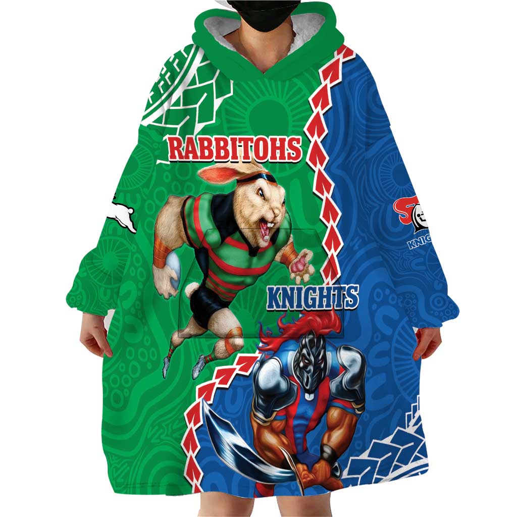 Personalised Rabbitohs And Knights Rugby Wearable Blanket Hoodie Aboriginal Mix Polynesian Pattern - Vibe Hoodie Shop