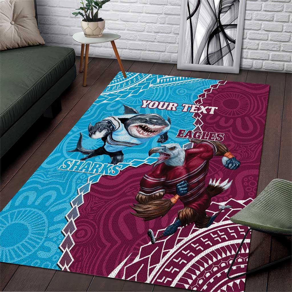 Personalised Eagles And Sharks Rugby Area Rug Aboriginal Mix Polynesian Pattern - Vibe Hoodie Shop