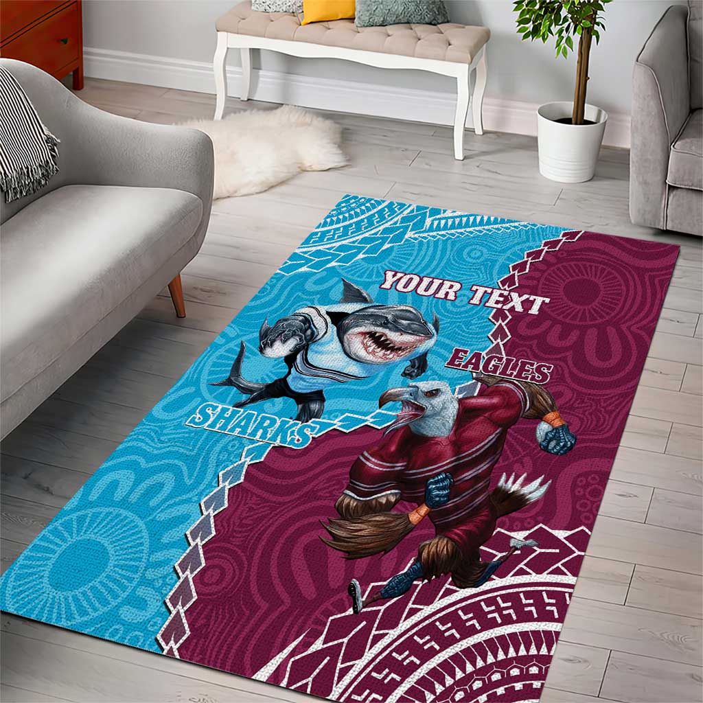 Personalised Eagles And Sharks Rugby Area Rug Aboriginal Mix Polynesian Pattern - Vibe Hoodie Shop