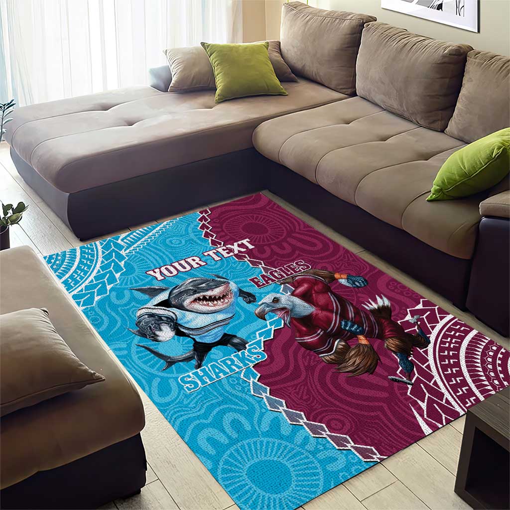 Personalised Eagles And Sharks Rugby Area Rug Aboriginal Mix Polynesian Pattern - Vibe Hoodie Shop