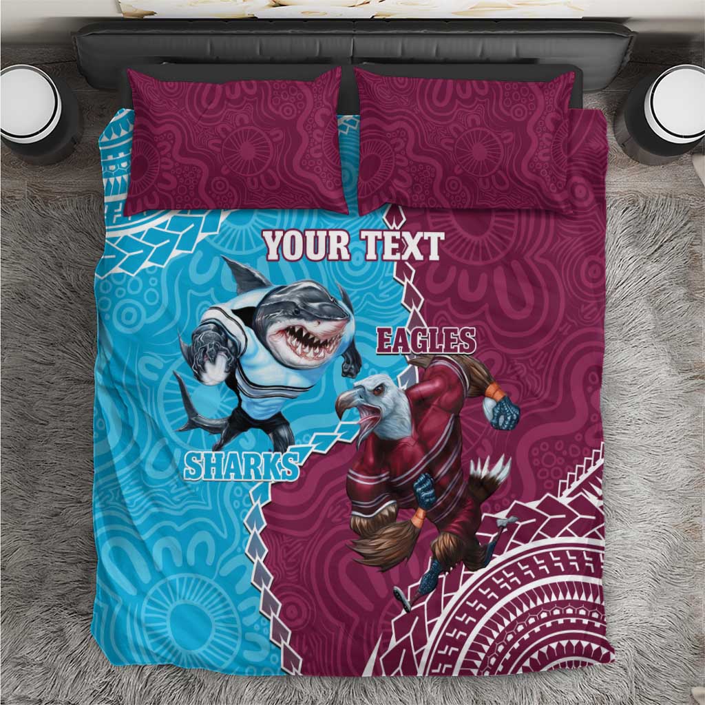Personalised Eagles And Sharks Rugby Bedding Set Aboriginal Mix Polynesian Pattern - Vibe Hoodie Shop