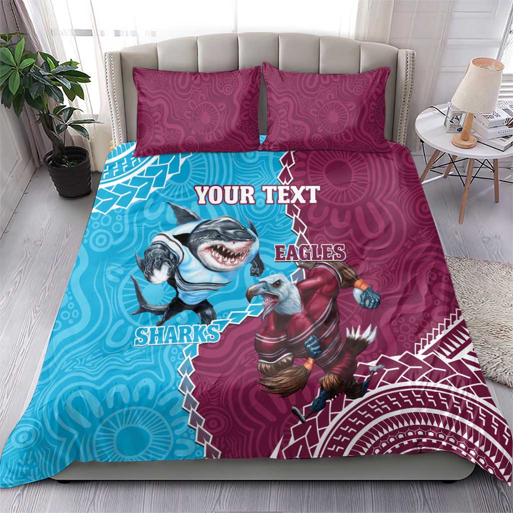 Personalised Eagles And Sharks Rugby Bedding Set Aboriginal Mix Polynesian Pattern - Vibe Hoodie Shop