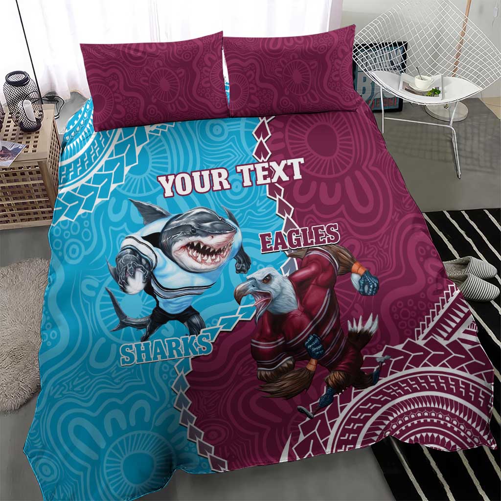 Personalised Eagles And Sharks Rugby Bedding Set Aboriginal Mix Polynesian Pattern - Vibe Hoodie Shop