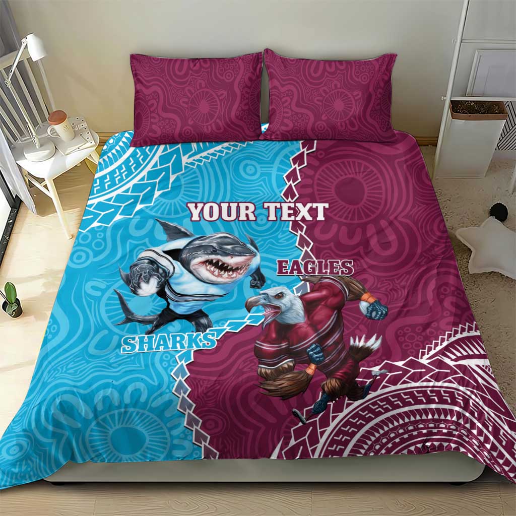 Personalised Eagles And Sharks Rugby Bedding Set Aboriginal Mix Polynesian Pattern - Vibe Hoodie Shop