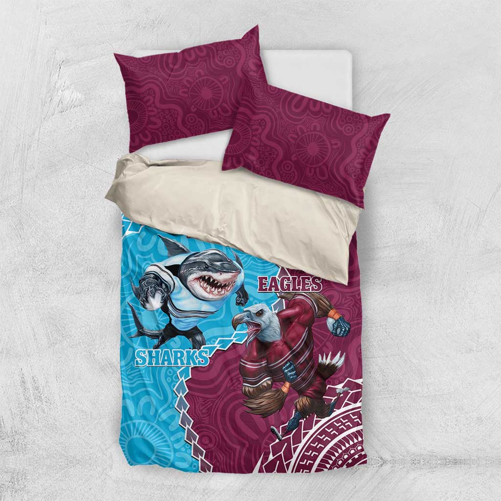 Personalised Eagles And Sharks Rugby Bedding Set Aboriginal Mix Polynesian Pattern - Vibe Hoodie Shop