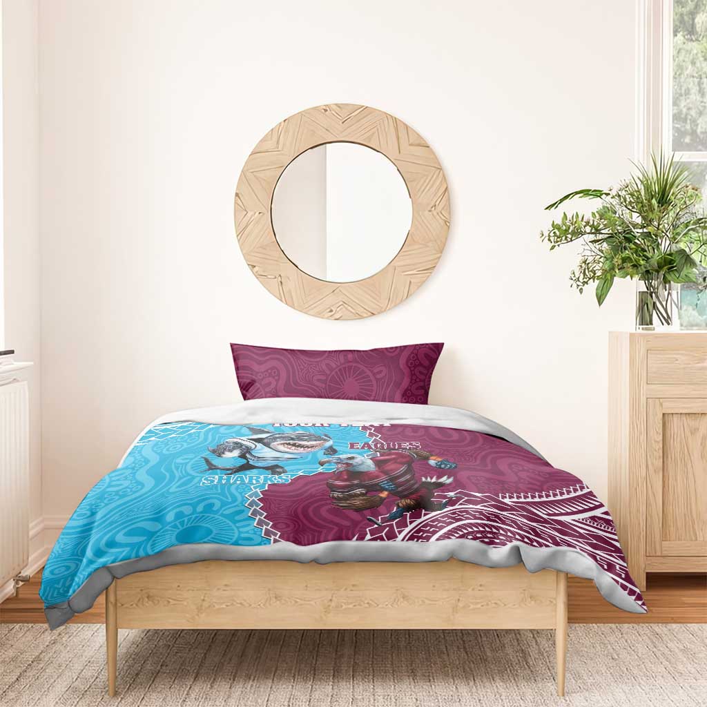 Personalised Eagles And Sharks Rugby Bedding Set Aboriginal Mix Polynesian Pattern - Vibe Hoodie Shop