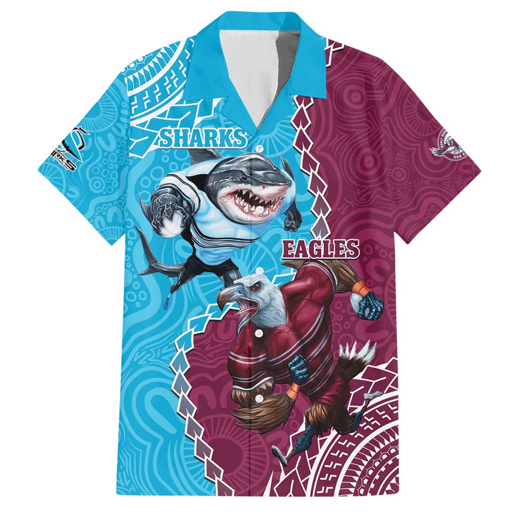 Personalised Eagles And Sharks Rugby Hawaiian Shirt Aboriginal Mix Polynesian Pattern - Vibe Hoodie Shop