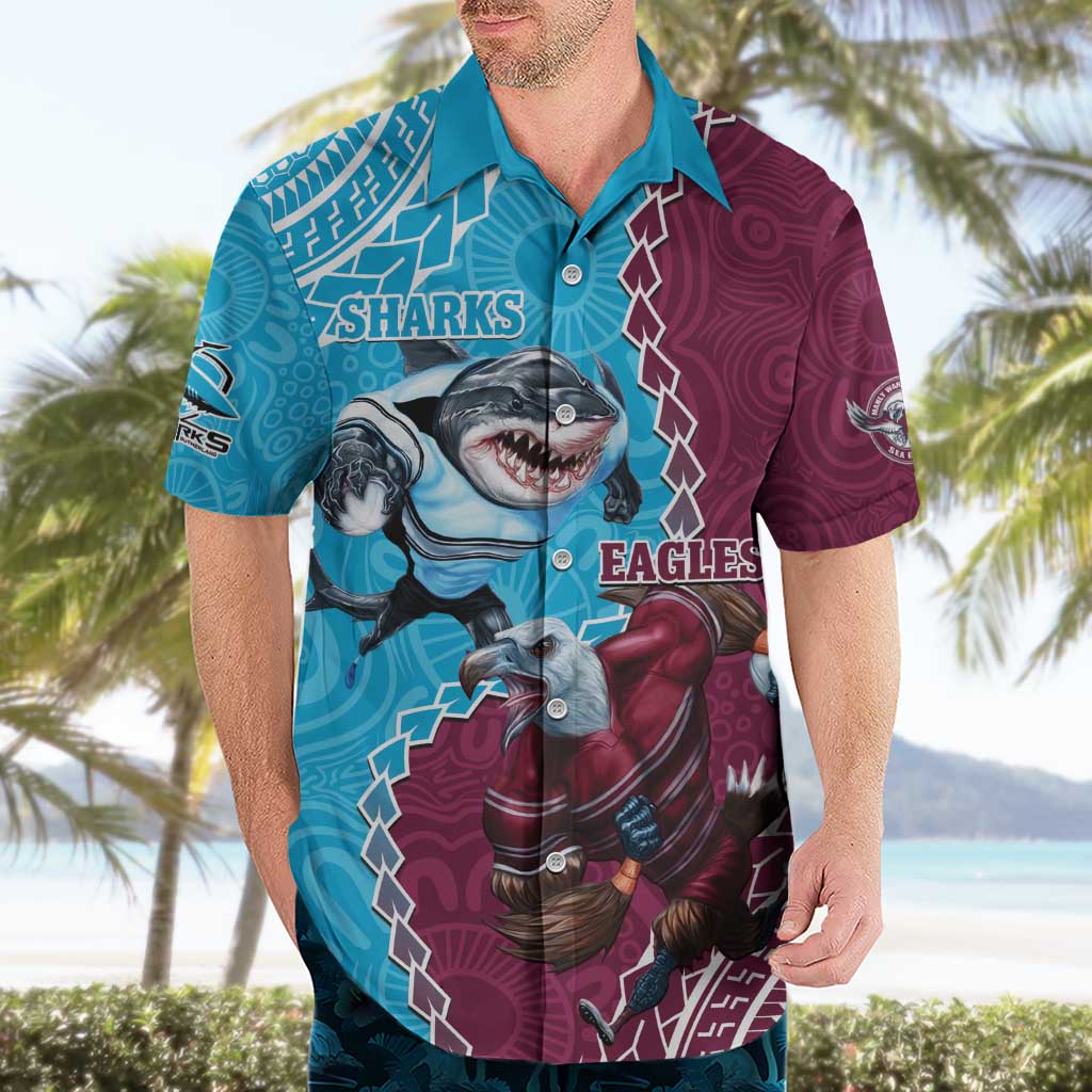 Personalised Eagles And Sharks Rugby Hawaiian Shirt Aboriginal Mix Polynesian Pattern - Vibe Hoodie Shop