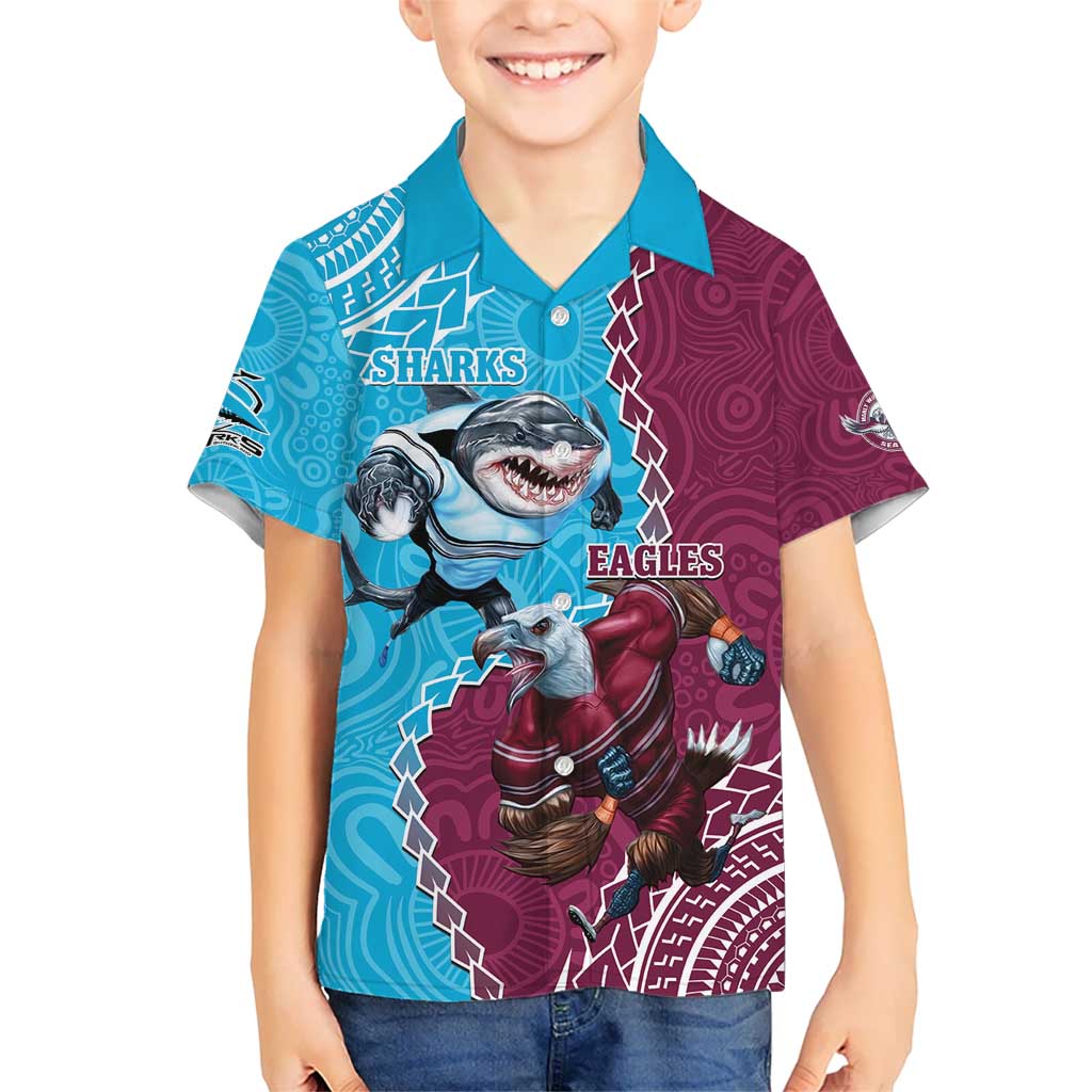 Personalised Eagles And Sharks Rugby Hawaiian Shirt Aboriginal Mix Polynesian Pattern - Vibe Hoodie Shop