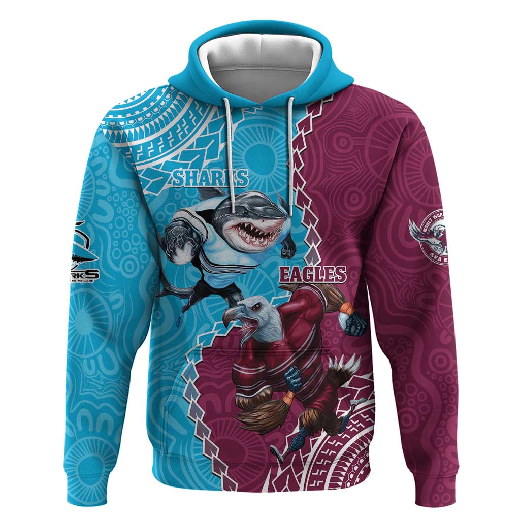 Personalised Eagles And Sharks Rugby Hoodie Aboriginal Mix Polynesian Pattern - Vibe Hoodie Shop