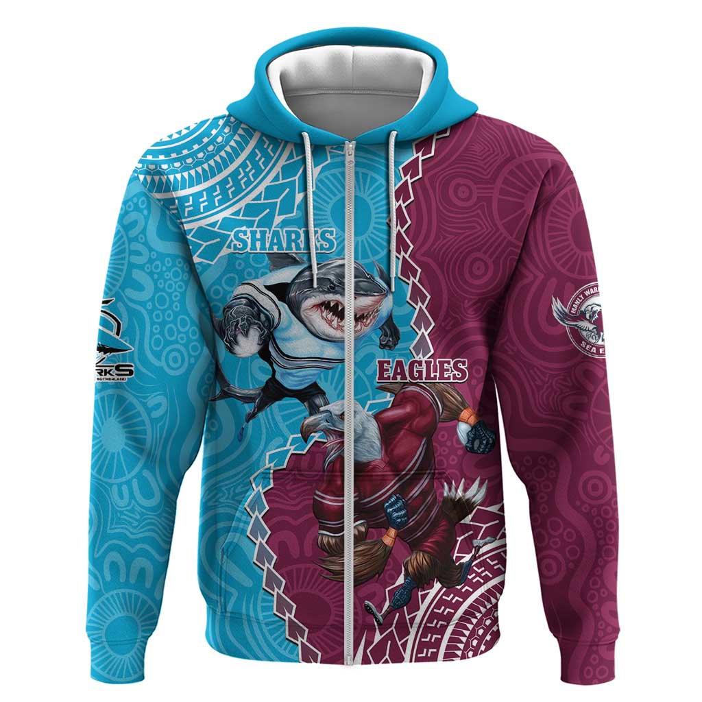 Personalised Eagles And Sharks Rugby Hoodie Aboriginal Mix Polynesian Pattern - Vibe Hoodie Shop