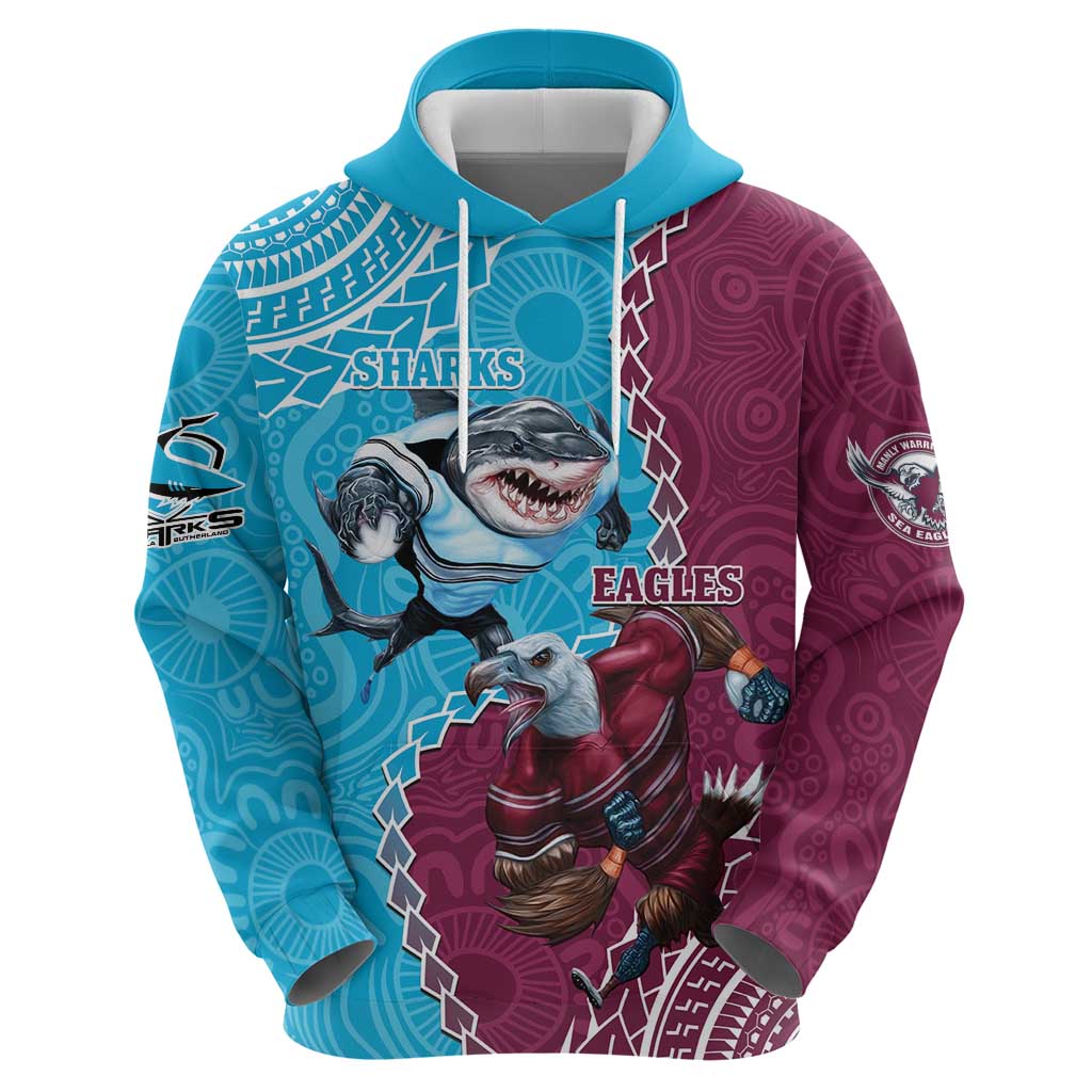 Personalised Eagles And Sharks Rugby Hoodie Aboriginal Mix Polynesian Pattern - Vibe Hoodie Shop