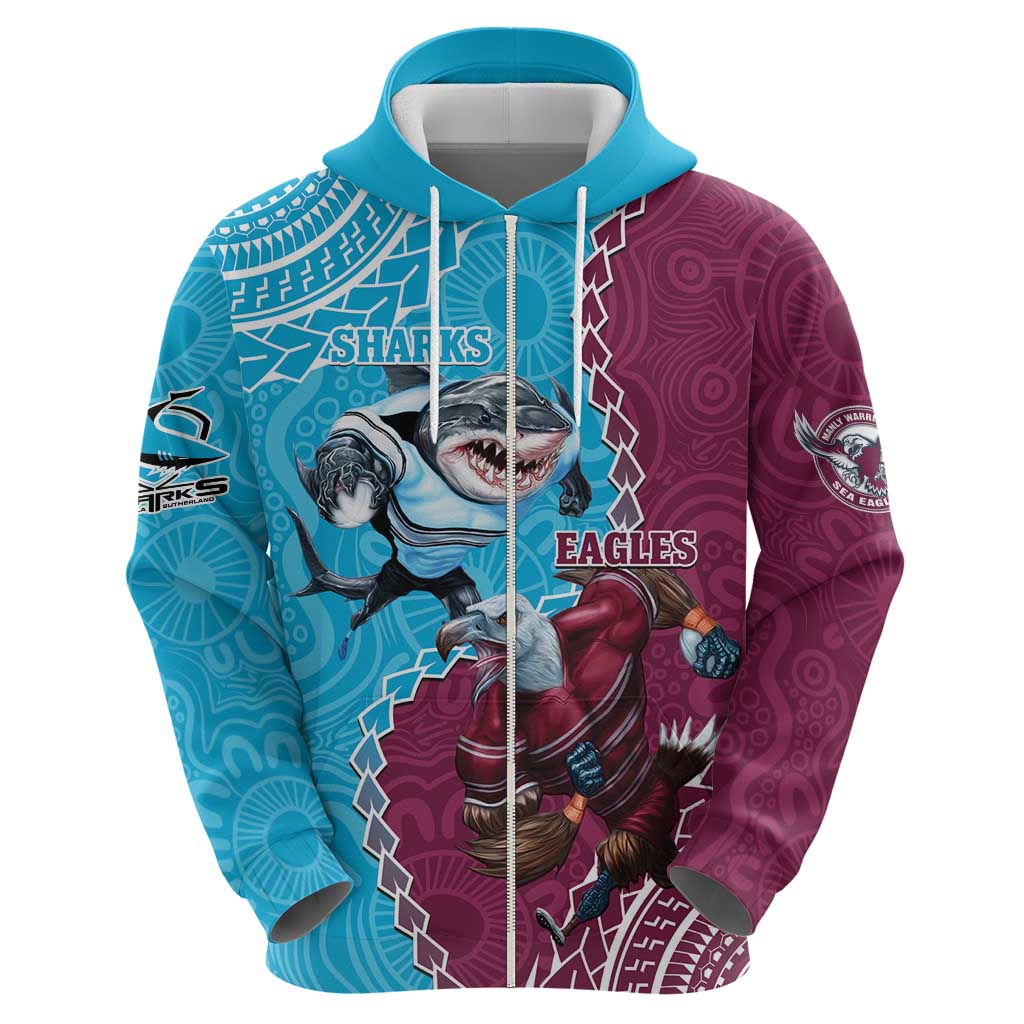 Personalised Eagles And Sharks Rugby Hoodie Aboriginal Mix Polynesian Pattern - Vibe Hoodie Shop